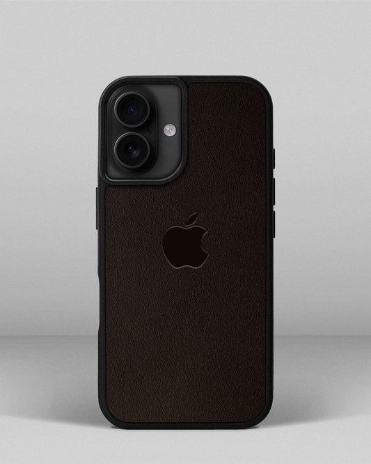 Чохол для iPhone 16 із шкіри купон в темно-коричневому кольорі з логотипом яблука