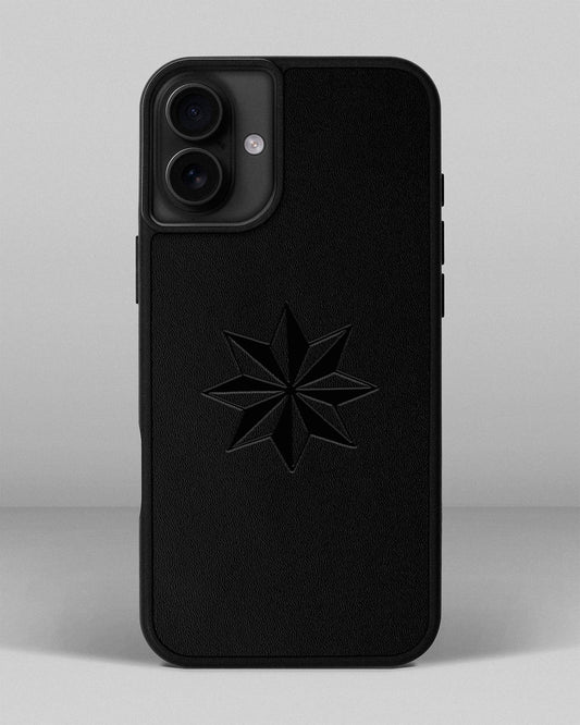 Чохол для iPhone 16 Plus в чорному кольорі  із шкіри купон з тисненням Роза вітрів