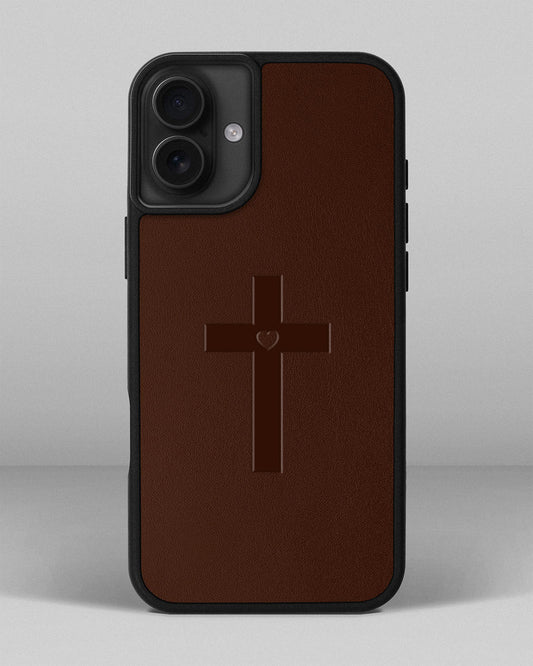 Чохол для iPhone 16 Plus в рудому кольорі з тисненням хрест з серцем