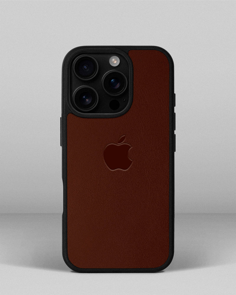 Чохол для iPhone 16 Pro із шкіри купон в рудому кольорі з логотипом яблука