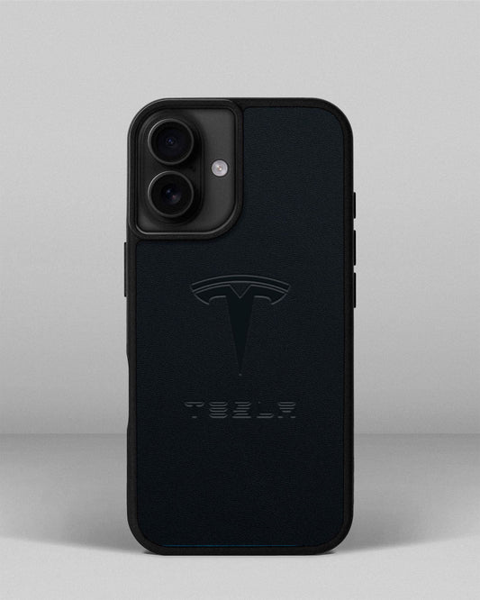 Чохол для iPhone 16 із шкіри купон в темно-синього кольорі з логотипом Tesla