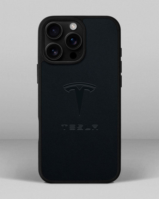 Чохол для iPhone 16 Pro Max із шкіри купон в темно-синього кольорі з логотипом Tesla