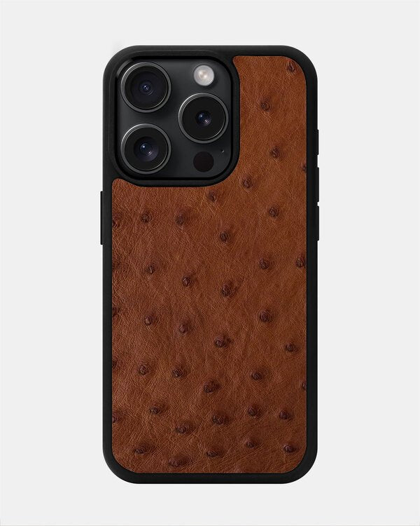 Чохол із коричневої шкіри страуса з фолікулами для iPhone 15 Pro Max